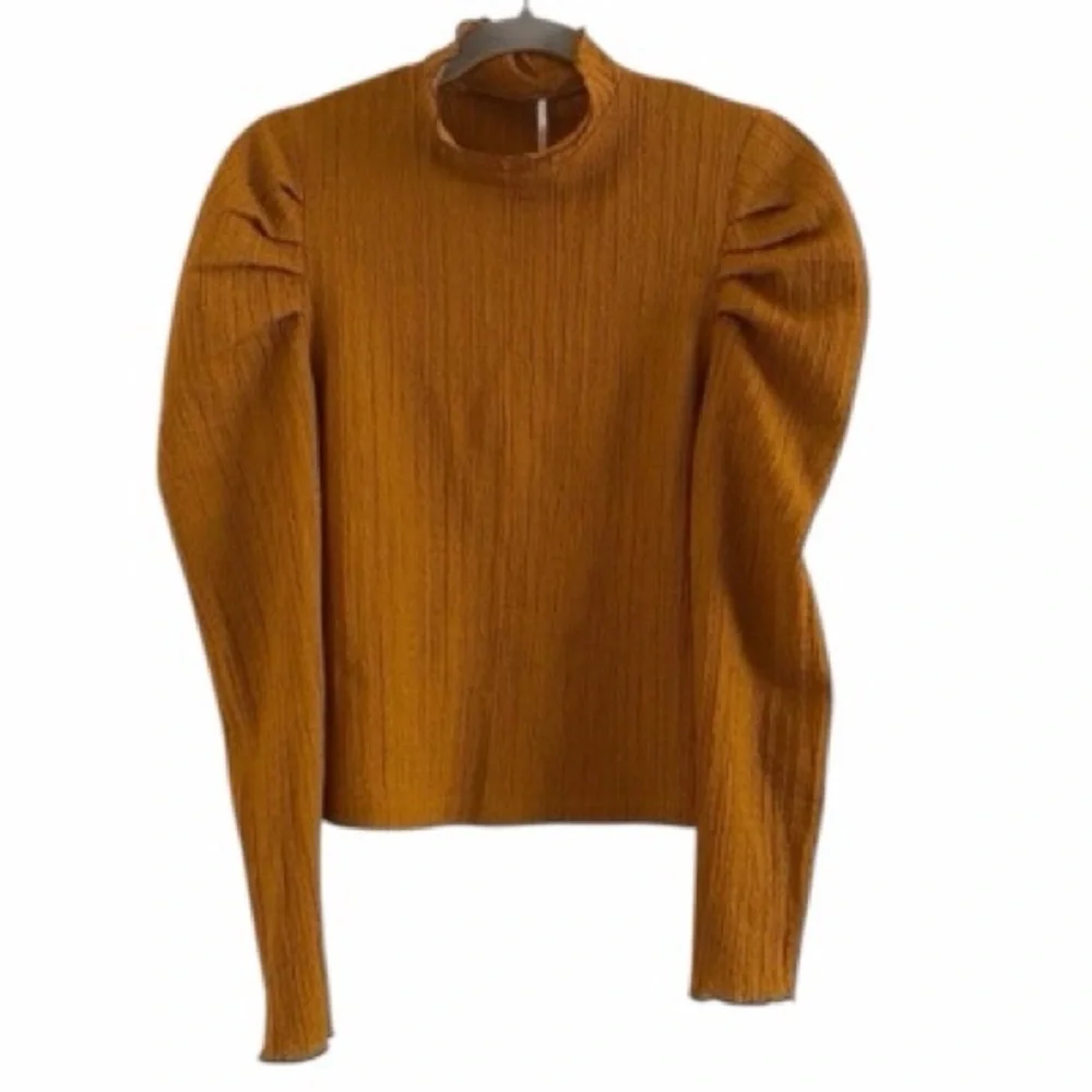 Free People Ela Mock Neck Top Puff Sleeve Terracotta Textured Knit Poetcore S